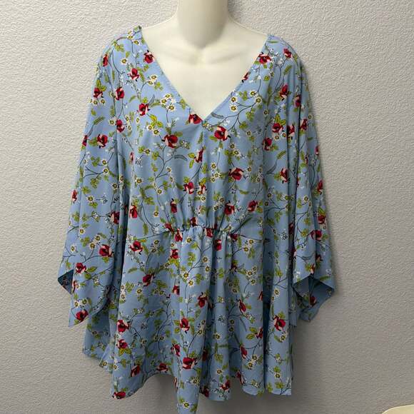 Lane Bryant Tops - Lane Bryant Blue Floral Print V-Neck Dolman Sleeve Babydoll Blouse Size 18/20